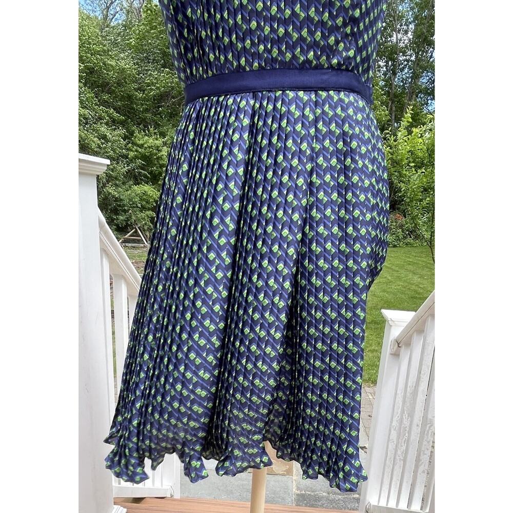 Shoshanna Paulette Micro-pleat Sleeveless Knee Length Dress, Blue/Green Print 6 - Picture 7 of 16